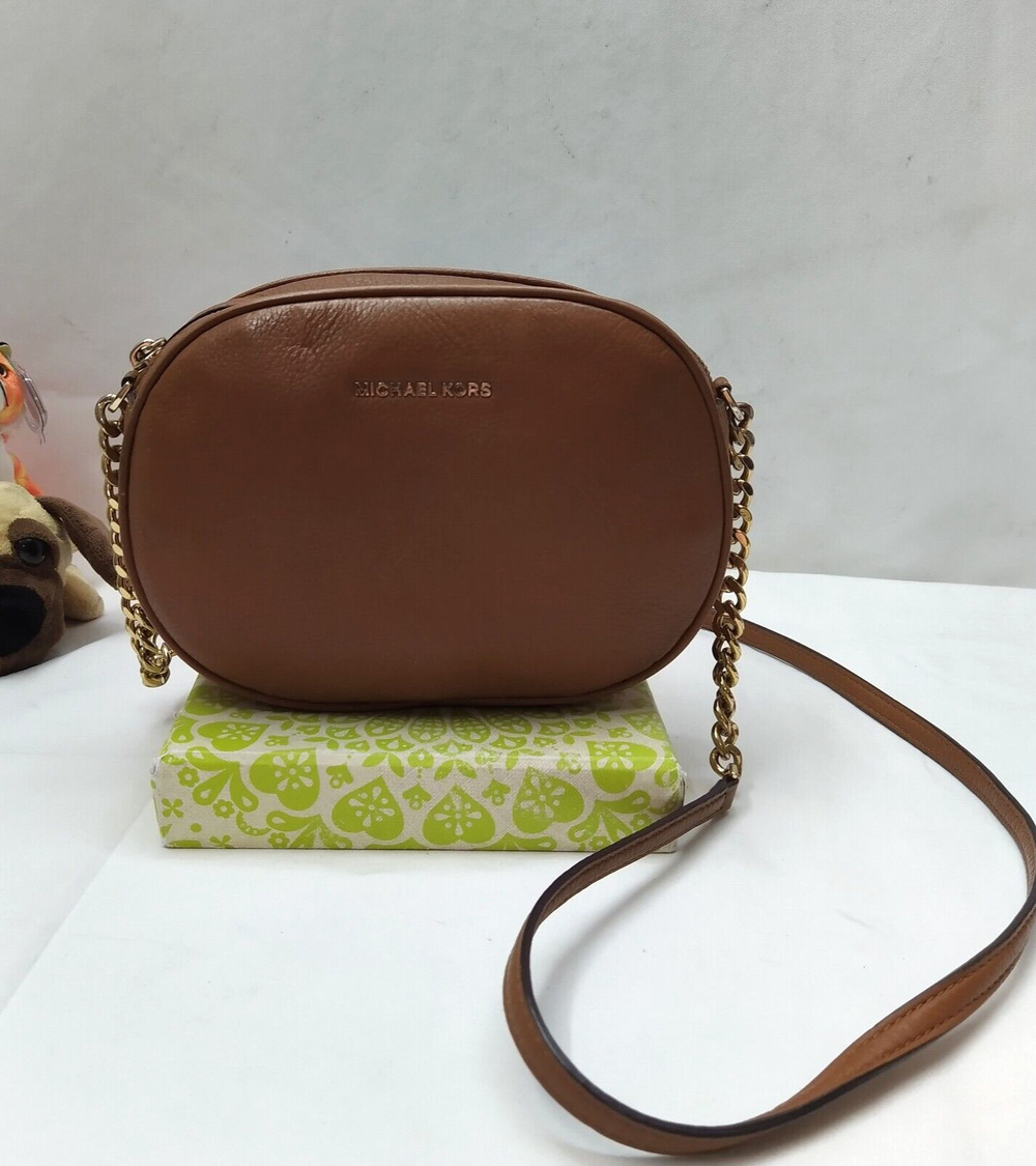 Michael Kors Brown Leather Zipper Closure Chain Strap Crossbody Bag